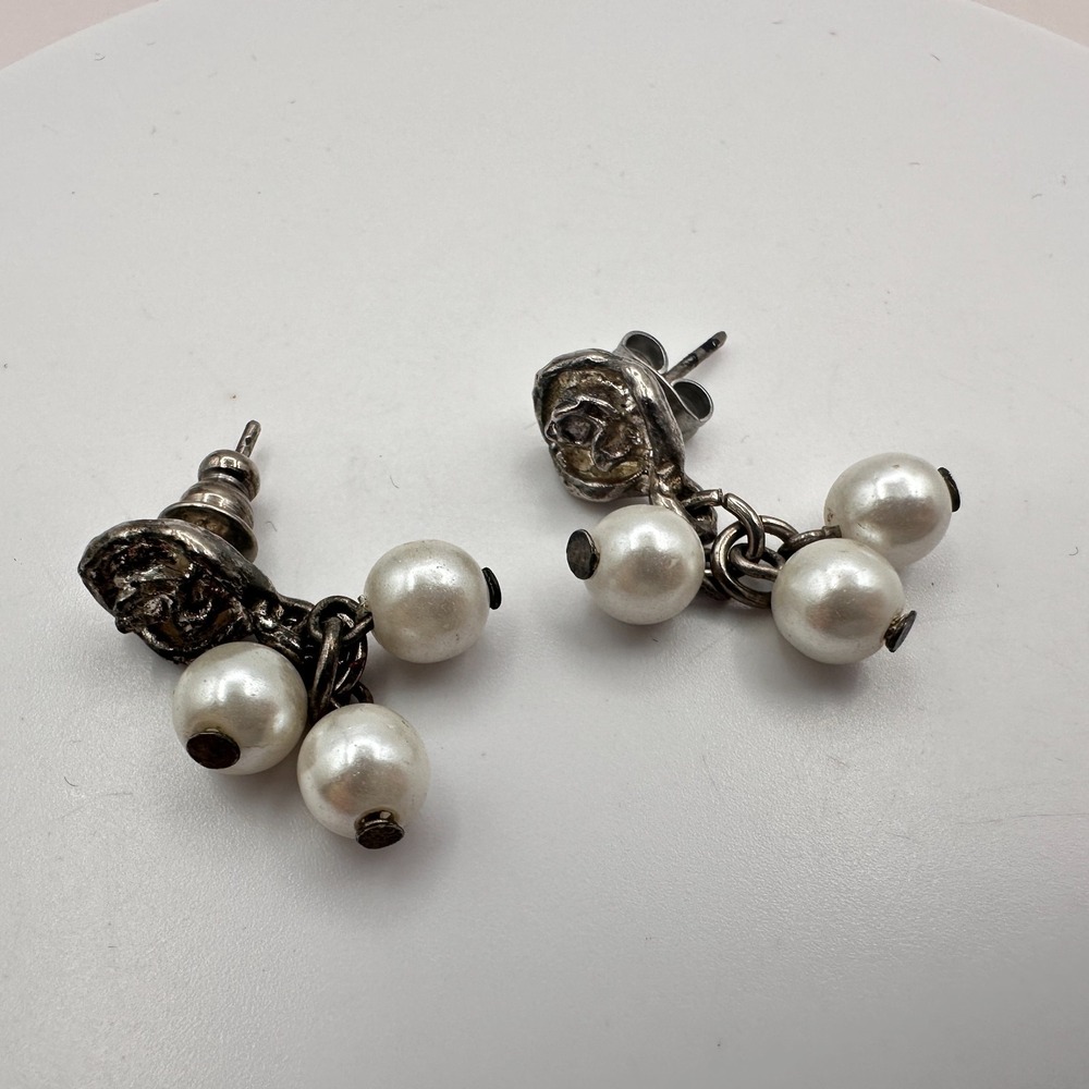 Vintage 90s Silver Tone Faux Pearl Dangle Earrings Women's Classic Jewelry